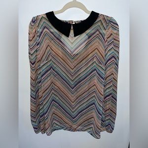 Allen B Multicolored Long Sleeve Blouse with Buttons and Black Collar, sz MD